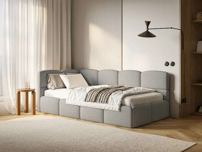 Łóżko młodzieżowe 90x200 cm Cloudy lewostronne z pojemnikiem i barierkami szare boucle