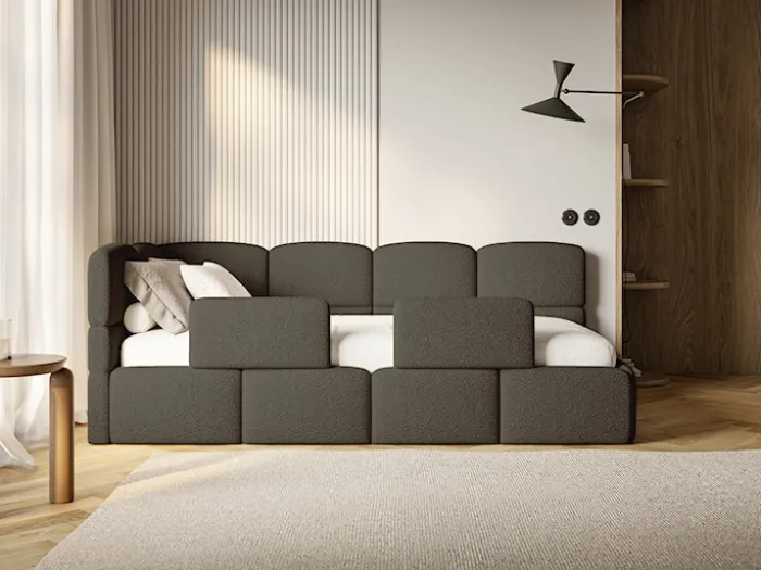 Łóżko młodzieżowe 90x200 cm Cloudy lewostronne z pojemnikiem i barierkami brązowe boucle