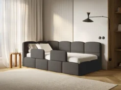 Łóżko młodzieżowe 90x200 cm Cloudy lewostronne z pojemnikiem i barierkami brązowe boucle