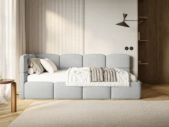 Łóżko młodzieżowe 90x200 cm Cloudy lewostronne z pojemnikiem i barierkami jasnoszare szenil