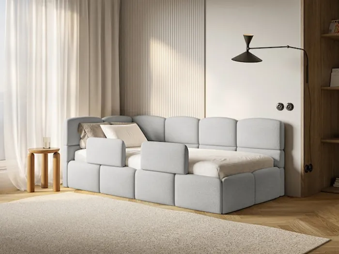 Łóżko młodzieżowe 90x200 cm Cloudy lewostronne z pojemnikiem i barierkami jasnoszare szenil
