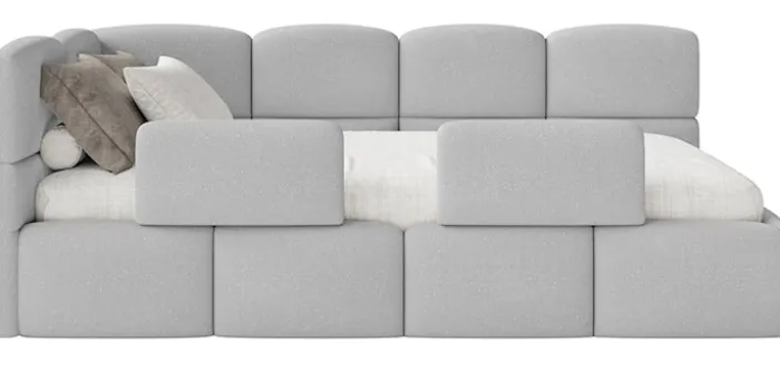 Łóżko młodzieżowe 90x200 cm Cloudy lewostronne z pojemnikiem i barierkami jasnoszare szenil
