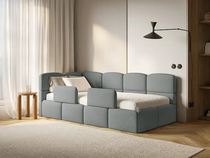 Łóżko młodzieżowe 90x200 cm Cloudy lewostronne z pojemnikiem i barierkami ciemnoszare szenil