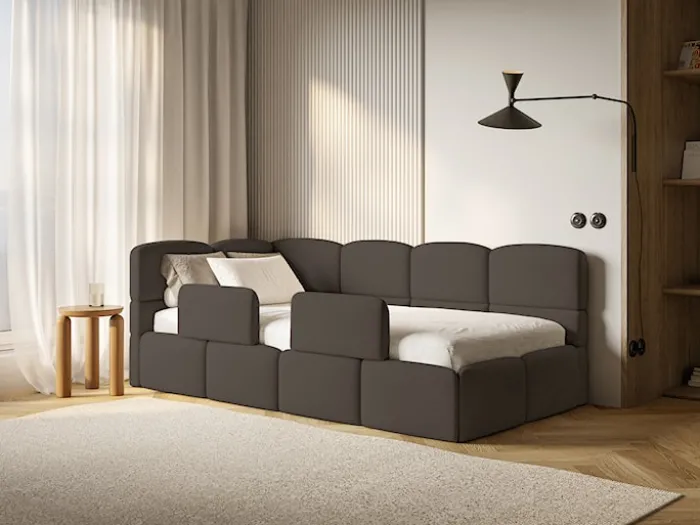 Łóżko młodzieżowe 90x200 cm Cloudy lewostronne z pojemnikiem i barierkami brązowe szenil