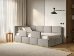 Łóżko młodzieżowe 90x200 cm Cloudy lewostronne z pojemnikiem i barierkami jasnobrązowe szenil