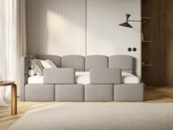 Łóżko młodzieżowe 90x200 cm Cloudy lewostronne z pojemnikiem i barierkami jasnobrązowe szenil