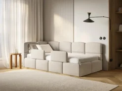 Łóżko młodzieżowe 90x200 cm Cloudy lewostronne z pojemnikiem i barierkami kremowe szenil