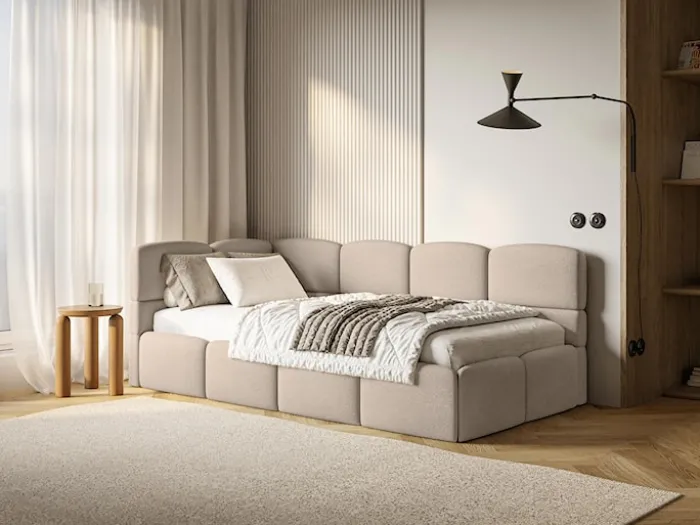 Łóżko młodzieżowe 90x200 cm Cloudy lewostronne z materacem i pojemnikiem beżowe szenil