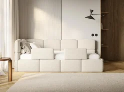 Łóżko młodzieżowe 90x200 cm Cloudy lewostronne z materacem pojemnikiem i barierkami jasnobeżowe boucle