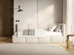 Łóżko młodzieżowe 90x200 cm Cloudy prawostronne z pojemnikiem jasnobeżowe boucle