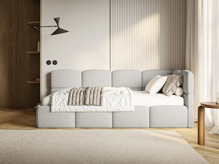 Łóżko młodzieżowe 90x200 cm Cloudy prawostronne z pojemnikiem szarobeżowe boucle