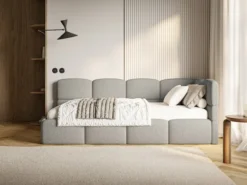 Łóżko młodzieżowe 90x200 cm Cloudy prawostronne z pojemnikiem szare boucle