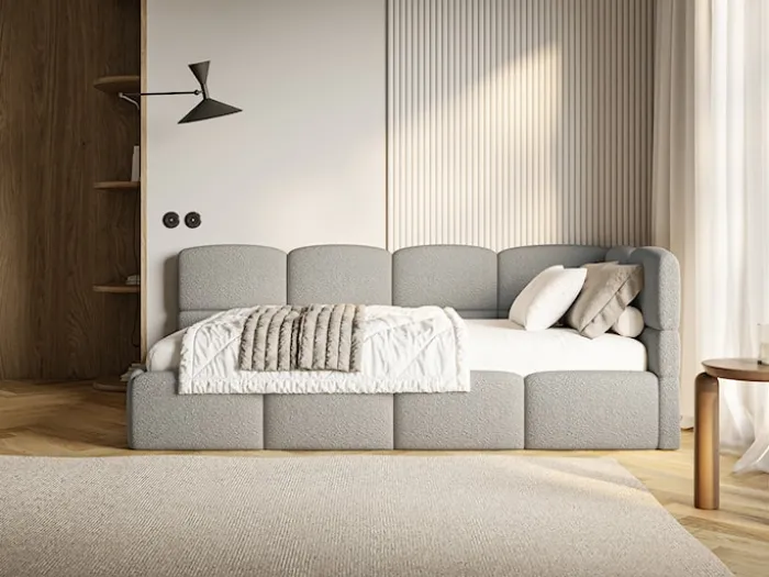 Łóżko młodzieżowe 90x200 cm Cloudy prawostronne z pojemnikiem szare boucle