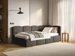 Łóżko młodzieżowe 90x200 cm Cloudy prawostronne z pojemnikiem brązowe boucle