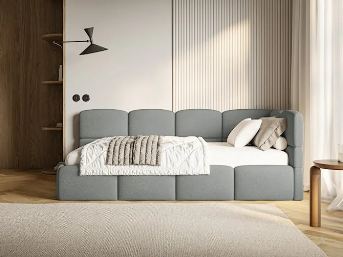 Łóżko młodzieżowe 90x200 cm Cloudy prawostronne z pojemnikiem ciemnoszare szenil