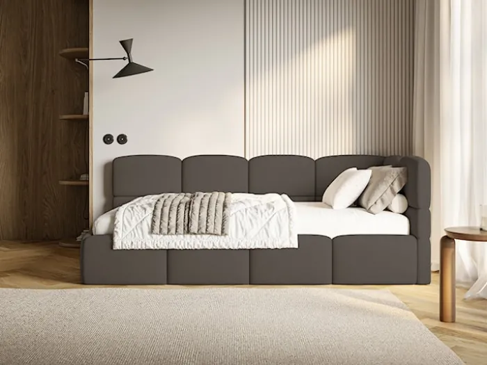 Łóżko młodzieżowe 90x200 cm Cloudy prawostronne z pojemnikiem brązowe szenil
