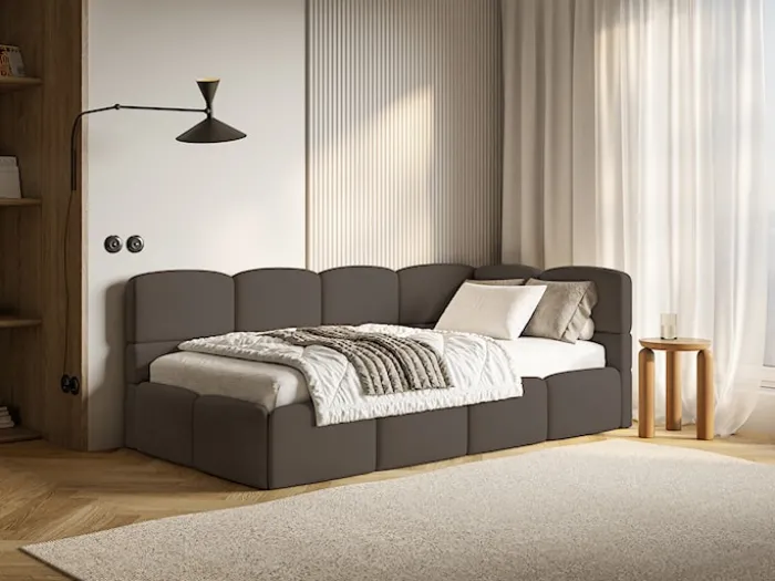 Łóżko młodzieżowe 90x200 cm Cloudy prawostronne z pojemnikiem brązowe szenil