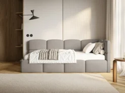 Łóżko młodzieżowe 90x200 cm Cloudy prawostronne z pojemnikiem jasnobrązowe szenil