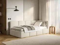 Łóżko młodzieżowe 90x200 cm Cloudy prawostronne z pojemnikiem i barierkami jasnobeżowe boucle