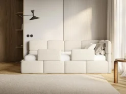 Łóżko młodzieżowe 90x200 cm Cloudy prawostronne z pojemnikiem i barierkami jasnobeżowe boucle