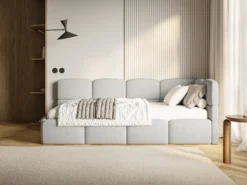 Łóżko młodzieżowe 90x200 cm Cloudy prawostronne z pojemnikiem i barierkami szarobeżowe boucle