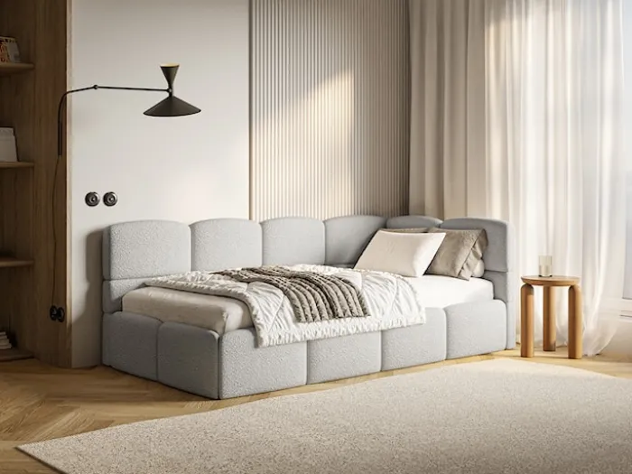 Łóżko młodzieżowe 90x200 cm Cloudy prawostronne z pojemnikiem i barierkami szarobeżowe boucle