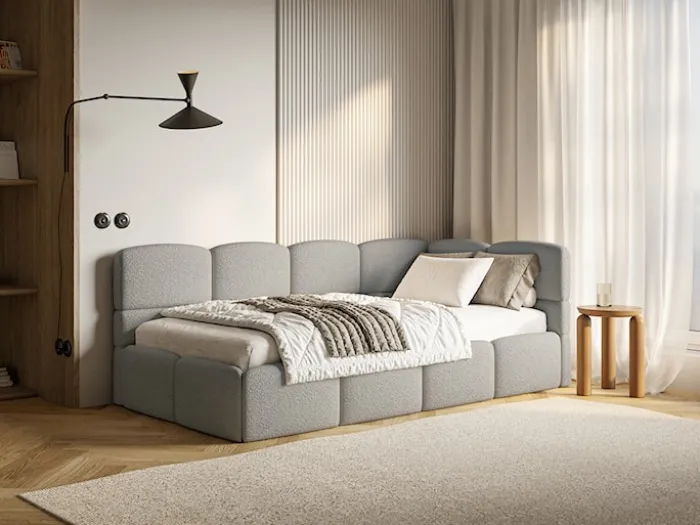 Łóżko młodzieżowe 90x200 cm Cloudy prawostronne z pojemnikiem i barierkami szare boucle