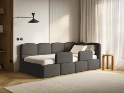 Łóżko młodzieżowe 90x200 cm Cloudy prawostronne z pojemnikiem i barierkami brązowe boucle