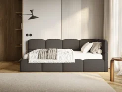 Łóżko młodzieżowe 90x200 cm Cloudy prawostronne z pojemnikiem i barierkami brązowe boucle