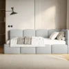 Łóżko młodzieżowe 90x200 cm Cloudy prawostronne z pojemnikiem i barierkami jasnoszare szenil
