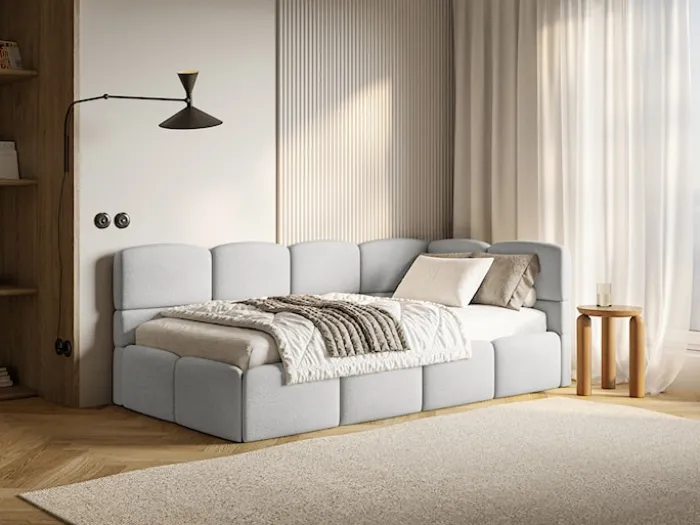 Łóżko młodzieżowe 90x200 cm Cloudy prawostronne z pojemnikiem i barierkami jasnoszare szenil