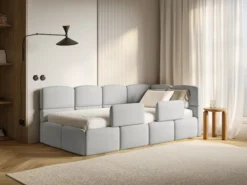 Łóżko młodzieżowe 90x200 cm Cloudy prawostronne z pojemnikiem i barierkami jasnoszare szenil