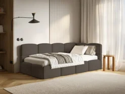 Łóżko młodzieżowe 90x200 cm Cloudy prawostronne z pojemnikiem i barierkami brązowe szenil