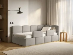 Łóżko młodzieżowe 90x200 cm Cloudy prawostronne z pojemnikiem i barierkami jasnobrązowe szenil