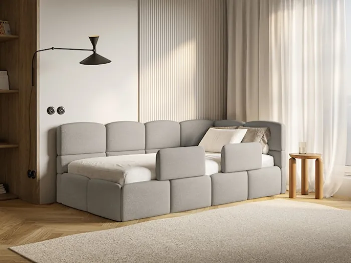 Łóżko młodzieżowe 90x200 cm Cloudy prawostronne z pojemnikiem i barierkami jasnobrązowe szenil