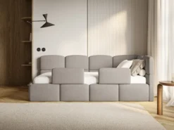 Łóżko młodzieżowe 90x200 cm Cloudy prawostronne z pojemnikiem i barierkami jasnobrązowe szenil