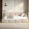 Łóżko młodzieżowe 90x200 cm Cloudy prawostronne z pojemnikiem i barierkami beżowe szenil
