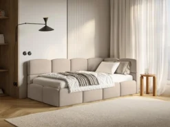Łóżko młodzieżowe 90x200 cm Cloudy prawostronne z pojemnikiem i barierkami beżowe szenil