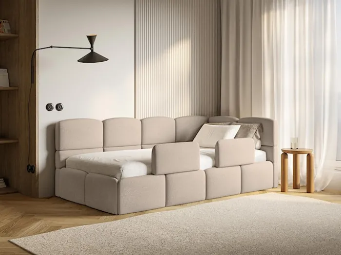 Łóżko młodzieżowe 90x200 cm Cloudy prawostronne z pojemnikiem i barierkami beżowe szenil