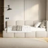 Łóżko młodzieżowe 90x200 cm Cloudy prawostronne z materacem i pojemnikiem kremowe szenil