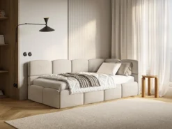 Łóżko młodzieżowe 90x200 cm Cloudy prawostronne z materacem i pojemnikiem kremowe szenil