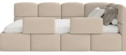 Łóżko młodzieżowe 90x200 cm Cloudy prawostronne z materacem pojemnikiem i barierkami beżowe szenil