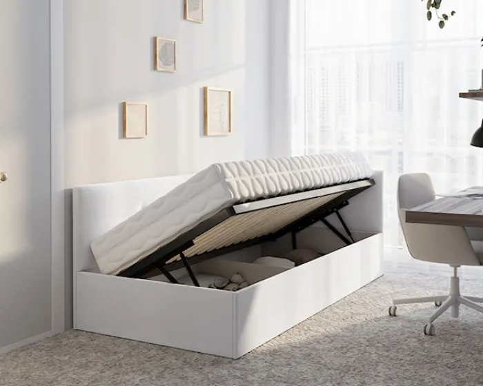 Łóżko młodzieżowe 90x200 cm Pixxel uniwersalne stelaż metalowy kremowe welur