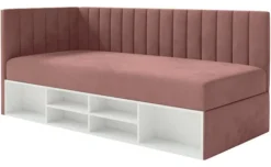Łóżko młodzieżowe 90x200 cm Ventrio lewostronne z pojemnikiem i półkami różowe welur hydrofobowy łatwoczyszczący