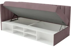 Łóżko młodzieżowe 90x200 cm Ventrio lewostronne z pojemnikiem i półkami fioletowe welur hydrofobowy łatwoczyszczący