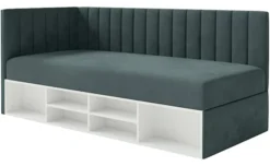 Łóżko młodzieżowe 90x200 cm Ventrio lewostronne z pojemnikiem i półkami niebieskoszare welur hydrofobowy łatwoczyszczący