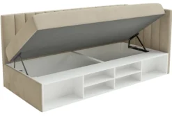 Łóżko młodzieżowe 90x200 cm Ventrio prawostronne z pojemnikiem i półkami szarobeżowe welur hydrofobowy łatwoczyszczący