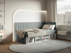 Łóżko młodzieżowe 90x200 cm Ventrio prawostronne z pojemnikiem i półkami szare welur hydrofobowy łatwoczyszczący