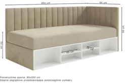 Łóżko młodzieżowe 90x200 cm Ventrio prawostronne z pojemnikiem i półkami różowe welur hydrofobowy łatwoczyszczący