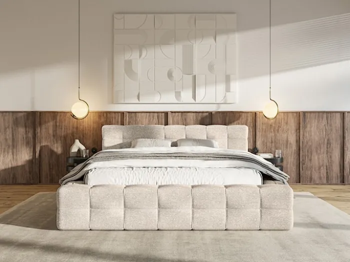 Łóżko tapicerowane Puffly 140x200 cm z pojemnikiem stelaż metalowy beżowy szenil
